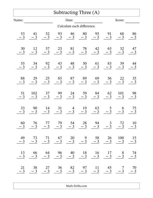 The Subtracting Three (3) with Differences 0 to 99 (100 Questions) (A) Math Worksheet
