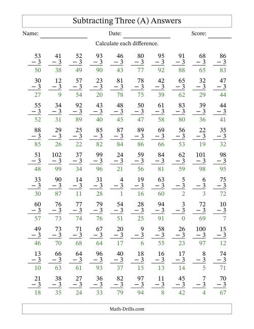 The Subtracting Three (3) with Differences 0 to 99 (100 Questions) (A) Math Worksheet Page 2