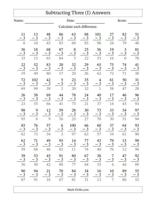 The Subtracting Three With Differences from 0 to 99 – 100 Questions (I) Math Worksheet Page 2