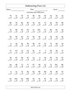 Subtracting Four With Differences from 0 to 99 – 100 Questions