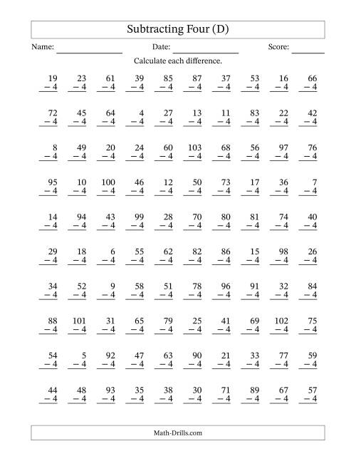 The Subtracting Four (4) with Differences 0 to 99 (100 Questions) (D) Math Worksheet