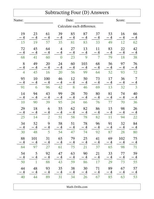The Subtracting Four (4) with Differences 0 to 99 (100 Questions) (D) Math Worksheet Page 2
