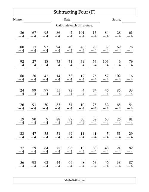 The Subtracting Four (4) with Differences 0 to 99 (100 Questions) (F) Math Worksheet