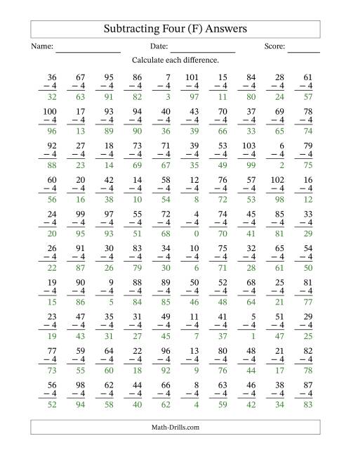 The Subtracting Four (4) with Differences 0 to 99 (100 Questions) (F) Math Worksheet Page 2