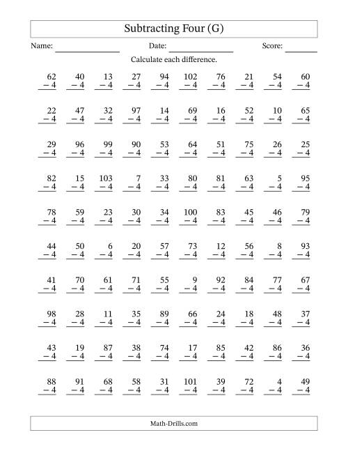 The Subtracting Four (4) with Differences 0 to 99 (100 Questions) (G) Math Worksheet
