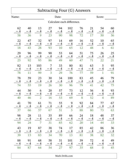 The Subtracting Four (4) with Differences 0 to 99 (100 Questions) (G) Math Worksheet Page 2