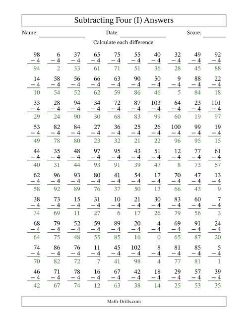 The Subtracting Four With Differences from 0 to 99 – 100 Questions (I) Math Worksheet Page 2