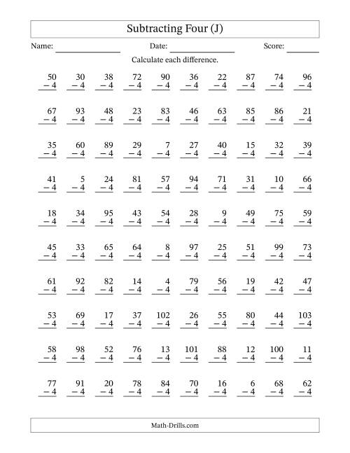 The Subtracting Four (4) with Differences 0 to 99 (100 Questions) (J) Math Worksheet