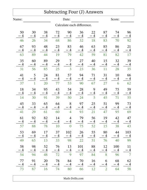 The Subtracting Four (4) with Differences 0 to 99 (100 Questions) (J) Math Worksheet Page 2