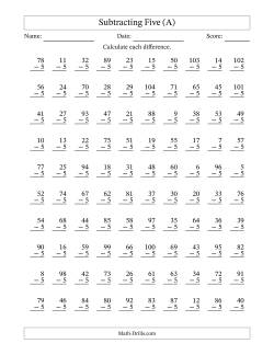 Subtracting Five With Differences from 0 to 99 – 100 Questions