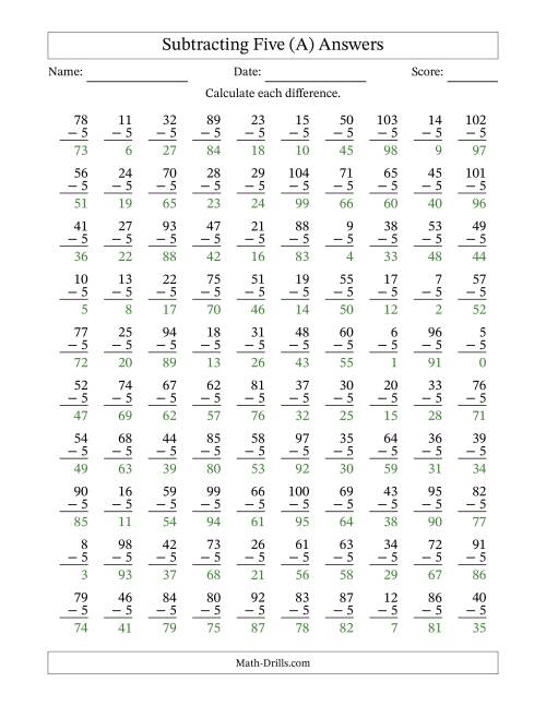 The Subtracting Five With Differences from 0 to 99 – 100 Questions (All) Math Worksheet Page 2