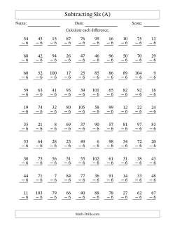 Subtracting Six With Differences from 0 to 99 – 100 Questions