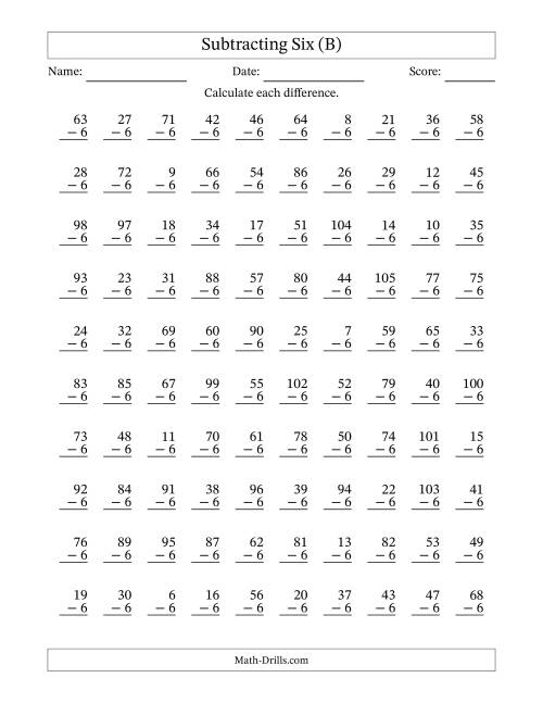 The Subtracting Six (6) with Differences 0 to 99 (100 Questions) (B) Math Worksheet