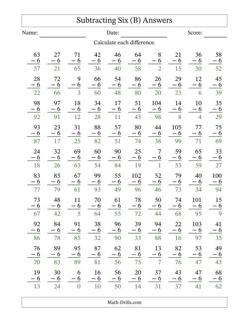 The Subtracting Six (6) with Differences 0 to 99 (100 Questions) (B) Math Worksheet Page 2