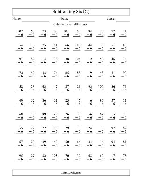 The Subtracting Six (6) with Differences 0 to 99 (100 Questions) (C) Math Worksheet