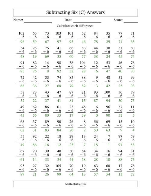 The Subtracting Six (6) with Differences 0 to 99 (100 Questions) (C) Math Worksheet Page 2