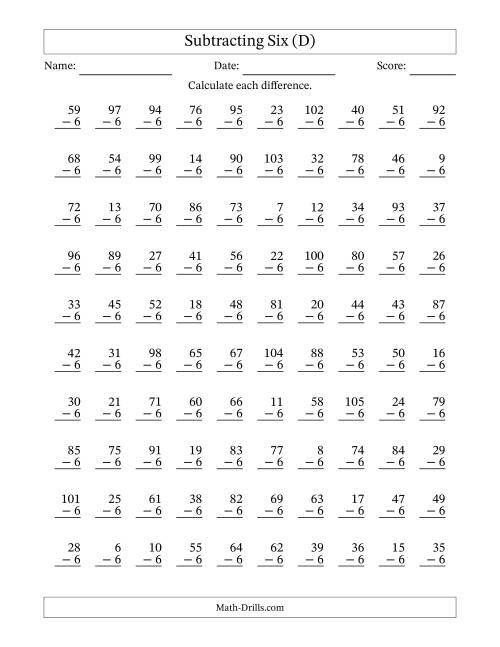 The Subtracting Six (6) with Differences 0 to 99 (100 Questions) (D) Math Worksheet