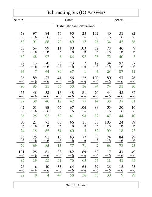 The Subtracting Six (6) with Differences 0 to 99 (100 Questions) (D) Math Worksheet Page 2