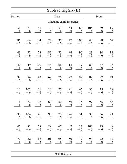 The Subtracting Six (6) with Differences 0 to 99 (100 Questions) (E) Math Worksheet