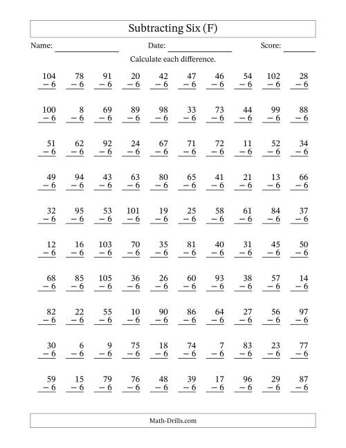 The Subtracting Six (6) with Differences 0 to 99 (100 Questions) (F) Math Worksheet