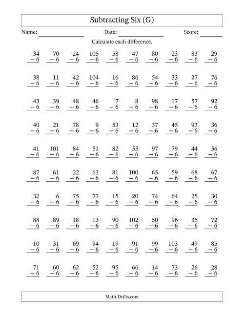 The Subtracting Six (6) with Differences 0 to 99 (100 Questions) (G) Math Worksheet