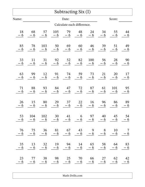 The Subtracting Six (6) with Differences 0 to 99 (100 Questions) (I) Math Worksheet