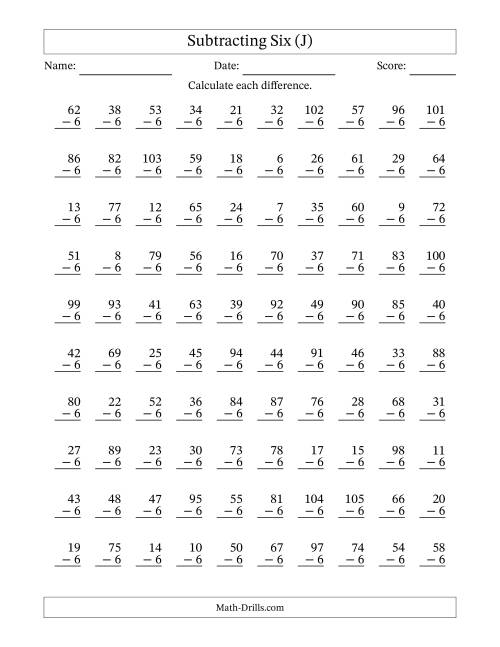 The Subtracting Six (6) with Differences 0 to 99 (100 Questions) (J) Math Worksheet