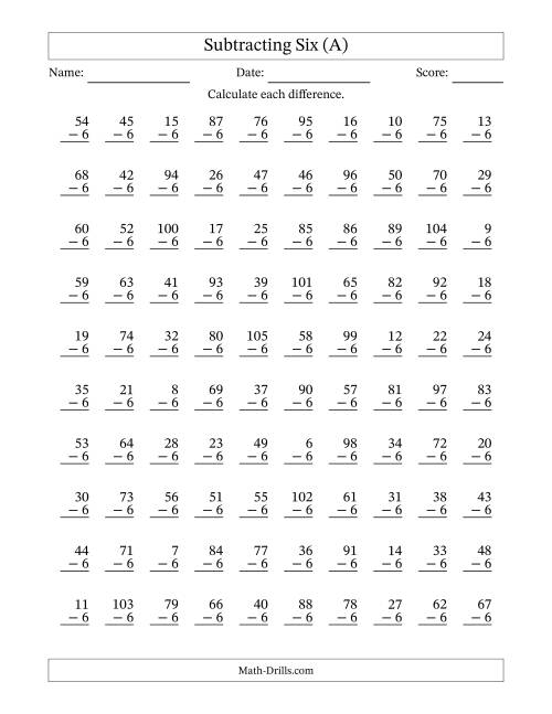 The Subtracting Six (6) with Differences 0 to 99 (100 Questions) (All) Math Worksheet