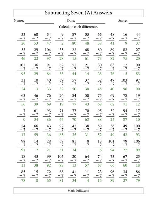 The Subtracting Seven (7) with Differences 0 to 99 (100 Questions) (A) Math Worksheet Page 2