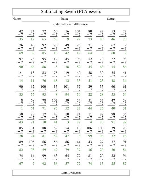 The Subtracting Seven With Differences from 0 to 99 – 100 Questions (F) Math Worksheet Page 2
