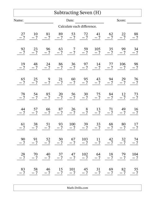 The Subtracting Seven With Differences from 0 to 99 – 100 Questions (H) Math Worksheet
