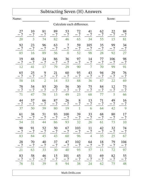 The Subtracting Seven With Differences from 0 to 99 – 100 Questions (H) Math Worksheet Page 2