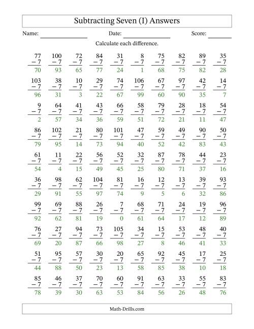 The Subtracting Seven With Differences from 0 to 99 – 100 Questions (I) Math Worksheet Page 2