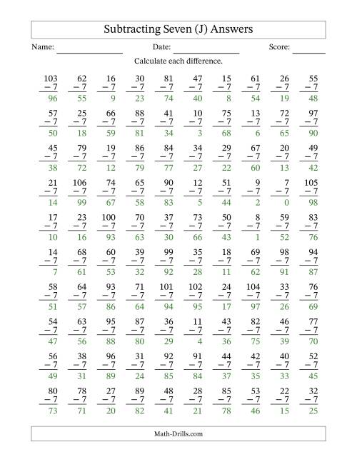 The Subtracting Seven With Differences from 0 to 99 – 100 Questions (J) Math Worksheet Page 2