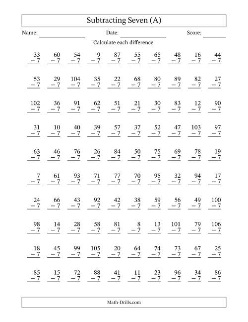 Subtracting Seven (7) with Differences 0 to 99 (100 Questions) (All)