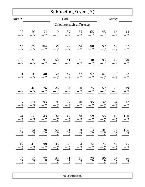 The Subtracting Seven With Differences from 0 to 99 – 100 Questions (All) Math Worksheet