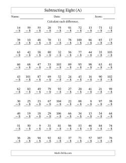 Subtracting Eight With Differences from 0 to 99 – 100 Questions