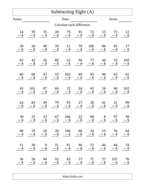 The Subtracting Eight (8) with Differences 0 to 99 (100 Questions) (A) Math Worksheet