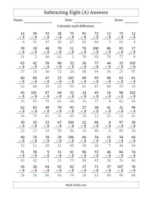 The Subtracting Eight (8) with Differences 0 to 99 (100 Questions) (A) Math Worksheet Page 2
