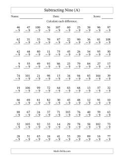 Subtracting Nine With Differences from 0 to 99 – 100 Questions