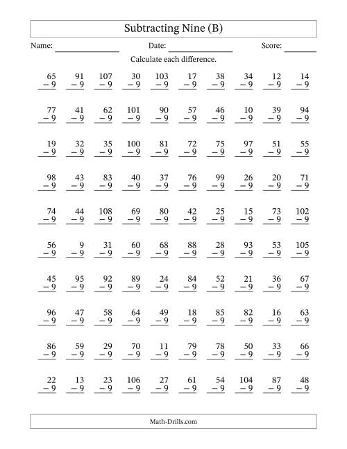The Subtracting Nine With Differences from 0 to 99 – 100 Questions (B) Math Worksheet