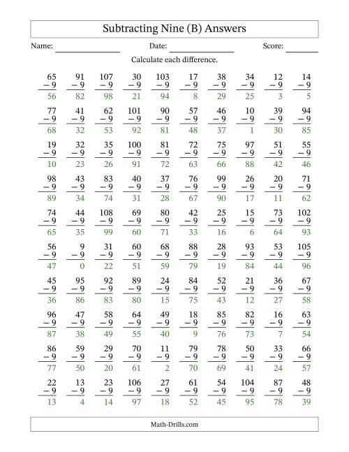 The Subtracting Nine (9) with Differences 0 to 99 (100 Questions) (B) Math Worksheet Page 2