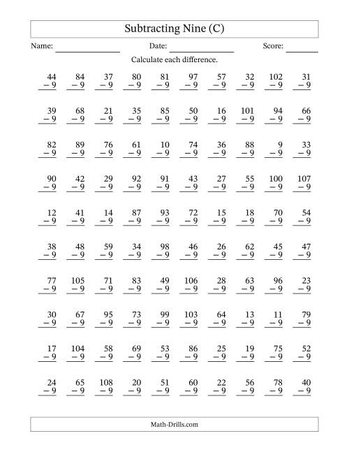 The Subtracting Nine With Differences from 0 to 99 – 100 Questions (C) Math Worksheet