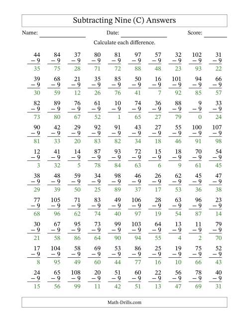 The Subtracting Nine With Differences from 0 to 99 – 100 Questions (C) Math Worksheet Page 2