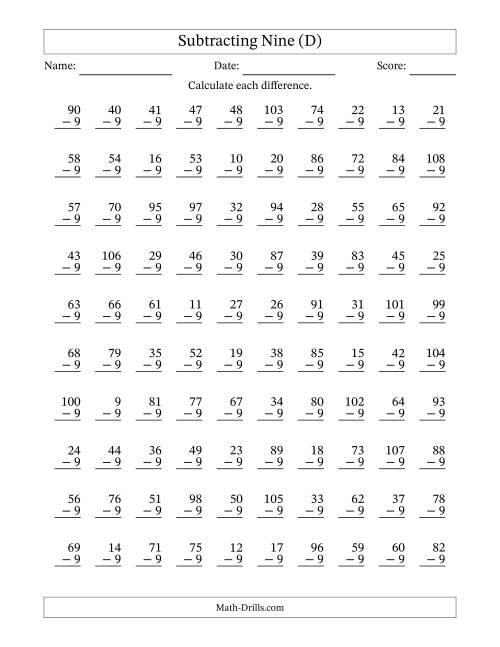 The Subtracting Nine With Differences from 0 to 99 – 100 Questions (D) Math Worksheet