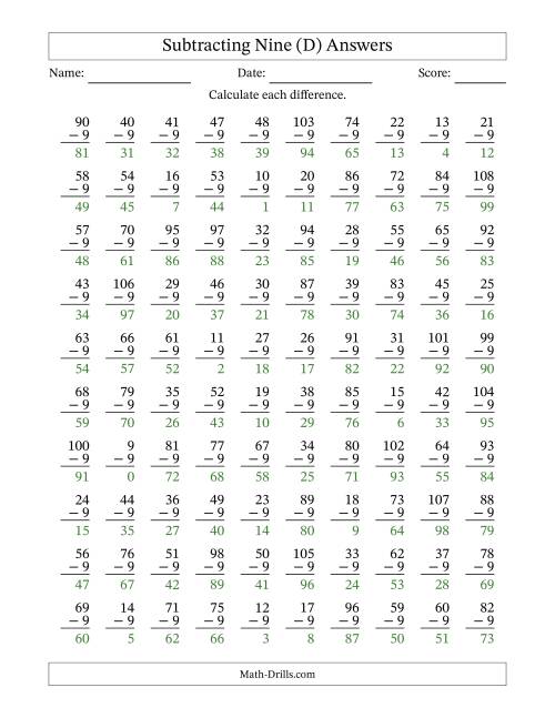 The Subtracting Nine (9) with Differences 0 to 99 (100 Questions) (D) Math Worksheet Page 2