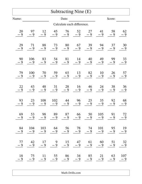 The Subtracting Nine With Differences from 0 to 99 – 100 Questions (E) Math Worksheet
