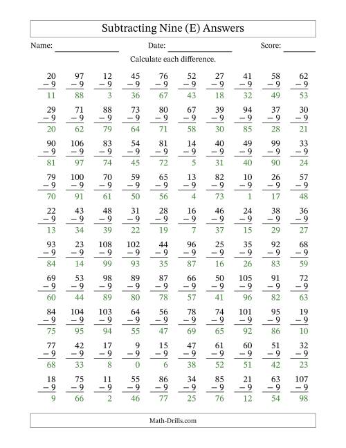 The Subtracting Nine With Differences from 0 to 99 – 100 Questions (E) Math Worksheet Page 2