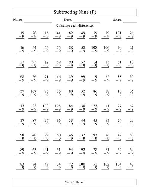 The Subtracting Nine (9) with Differences 0 to 99 (100 Questions) (F) Math Worksheet