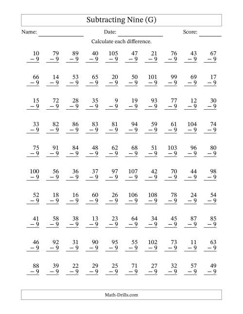 The Subtracting Nine With Differences from 0 to 99 – 100 Questions (G) Math Worksheet